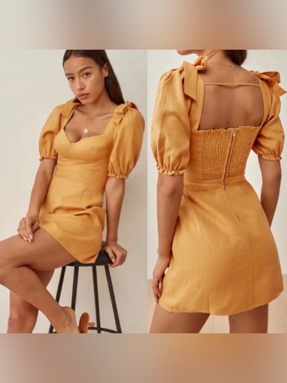 REFORMATION Yellow Ochre Spring Bow Sleeve Linen Mini
Dress size 10 NWT